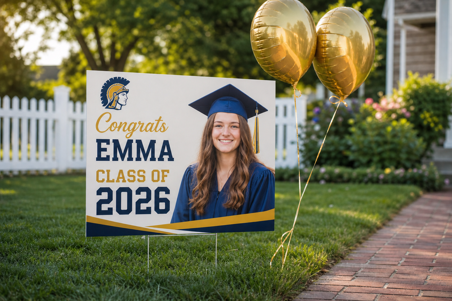 Navy and gold 8th grade graduate yard sign with senior photo displayed in a front yard