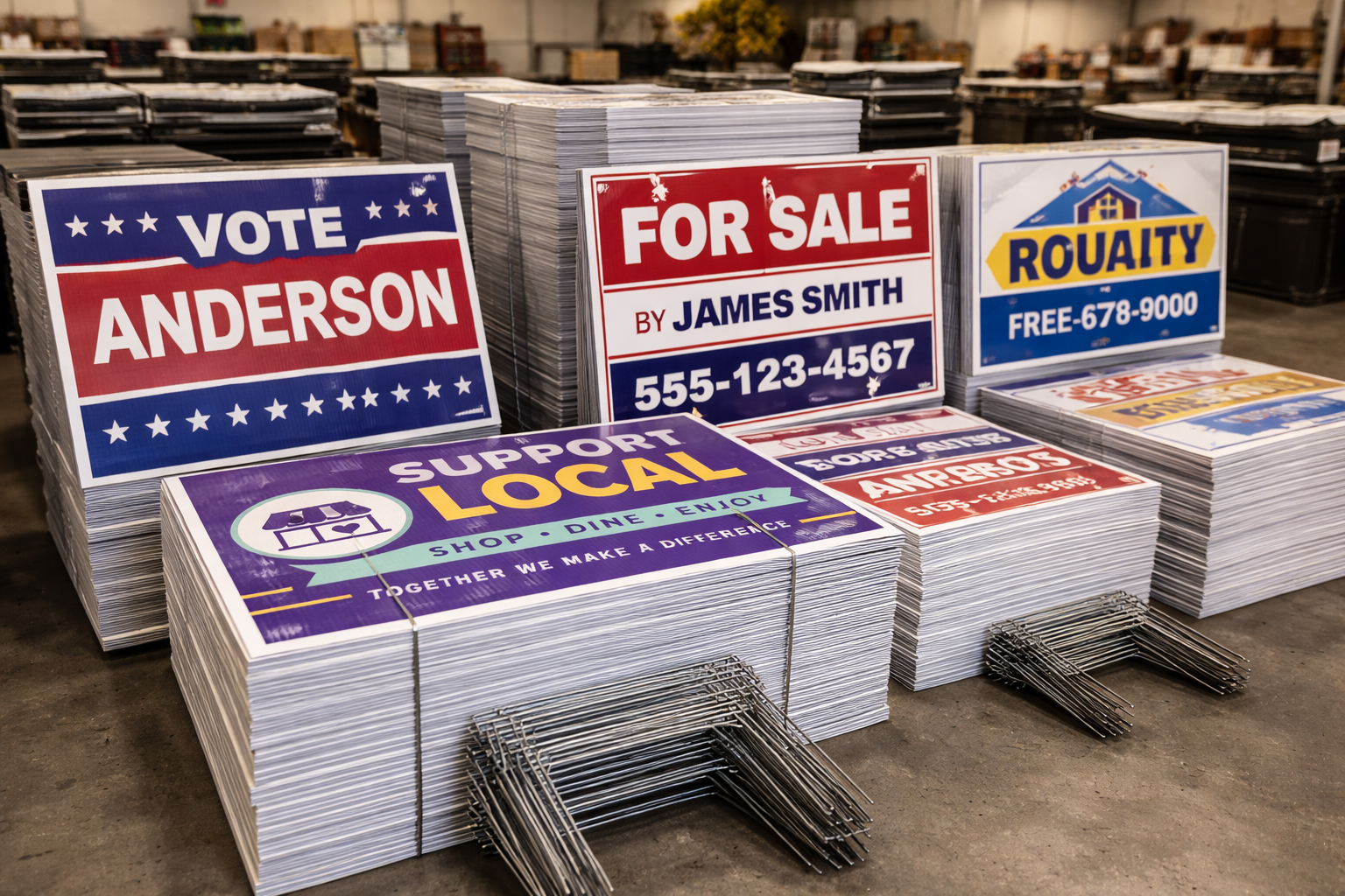 Large stacks of printed yard signs in a warehouse including a political campaign sign, a for sale real estate sign, and a support local business sign, with wire H-stakes bundled on the floor