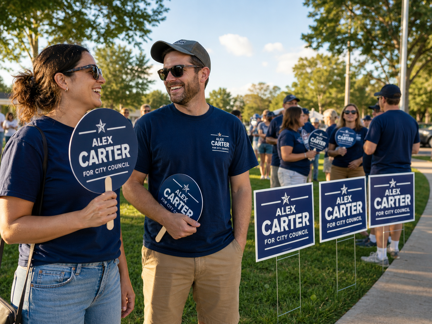 Campaign volunteers holding signs and rally paddles at an outdoor political campaign event