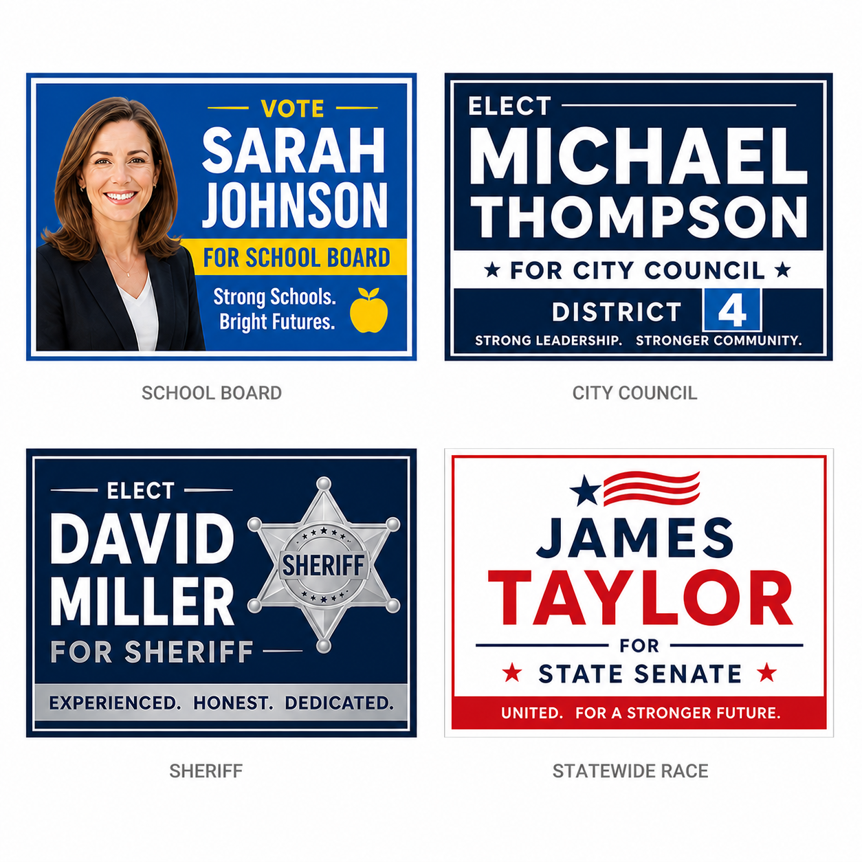 Four political campaign sign examples for school board, city council, sheriff, and state senate races