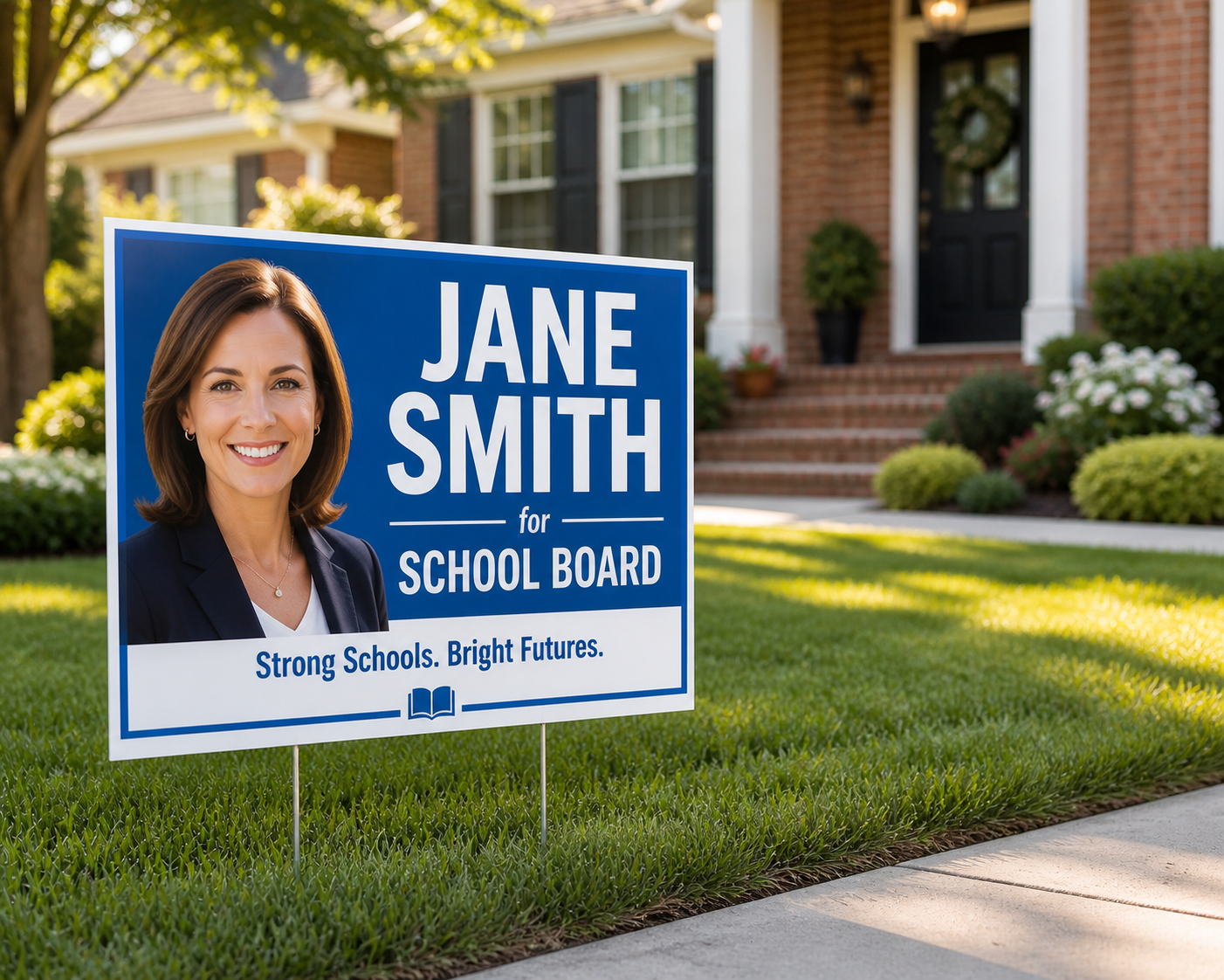 School board campaign yard sign with candidate photo displayed in a front yard