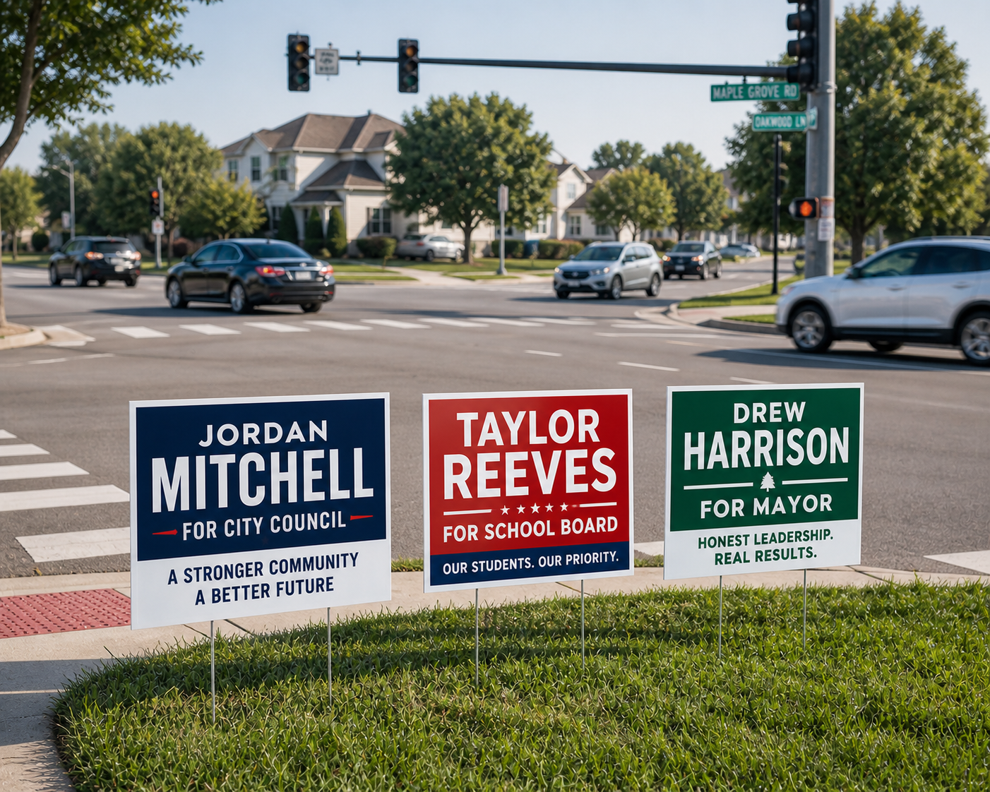 Three yard campaign signs for local candidates displayed at a suburban street intersection