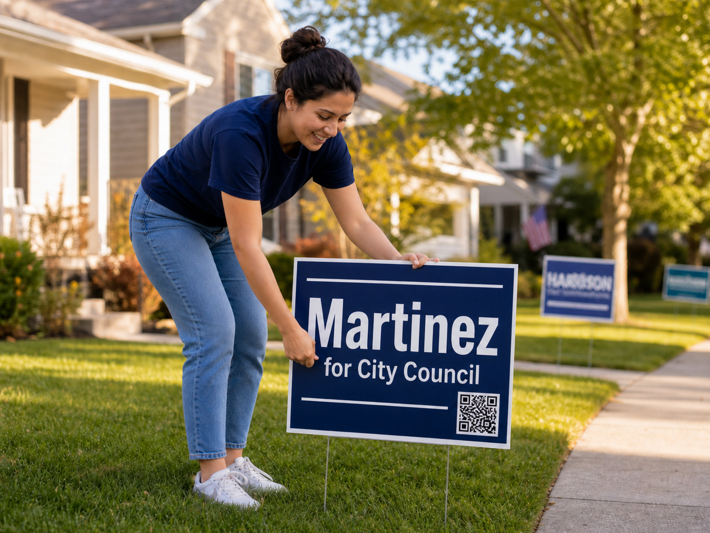 Volunteer placing a campaign yard sign in a residential front lawn