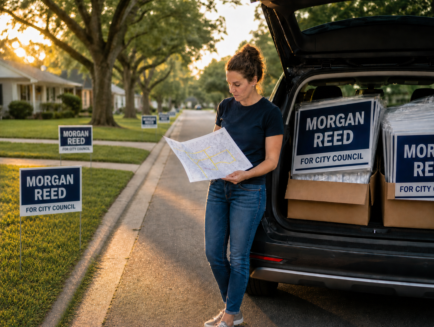 Campaign volunteer distributing yard signs along a residential street from an SUV
