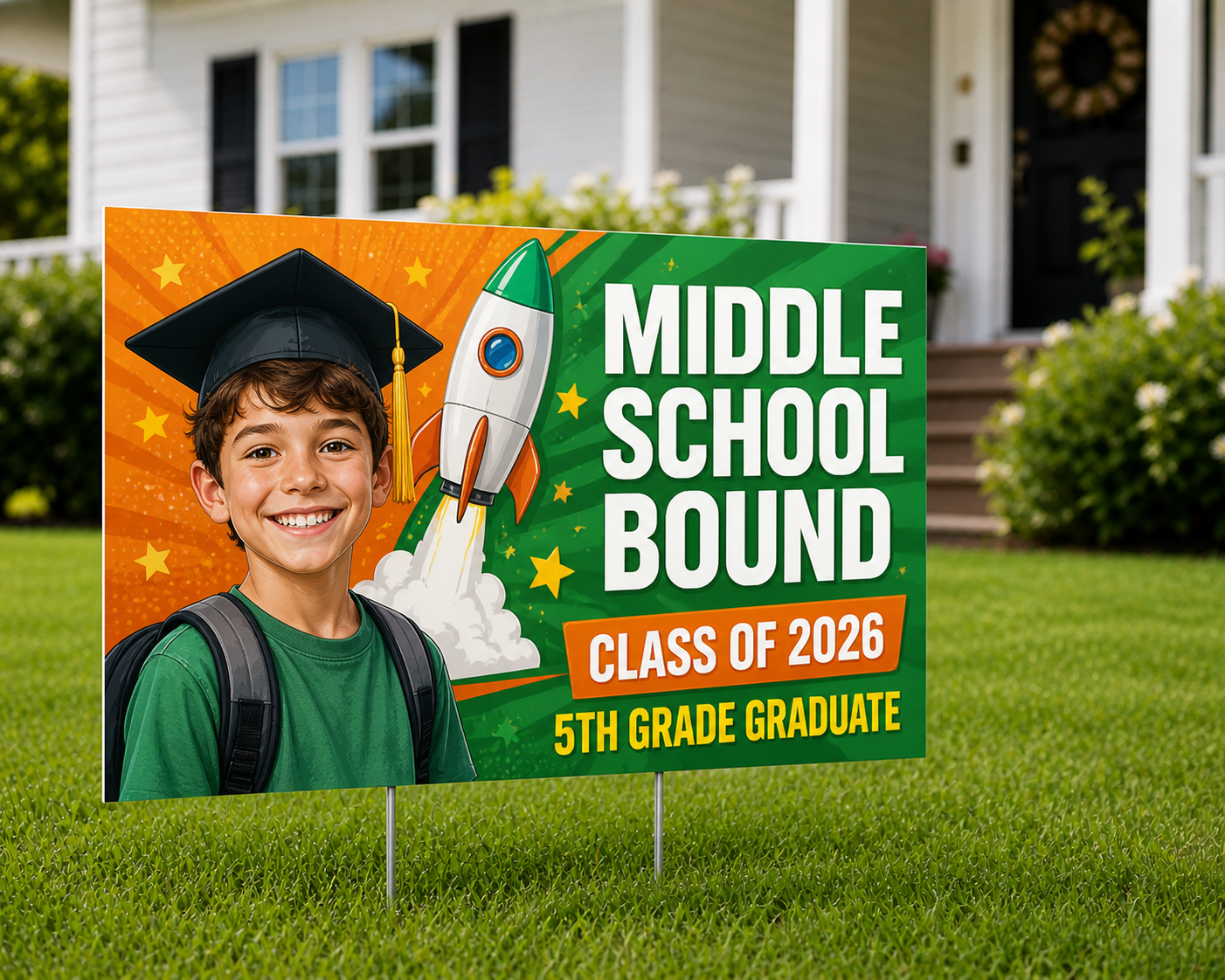 Navy and gold 8th grade graduate yard sign with senior photo displayed in a front yard