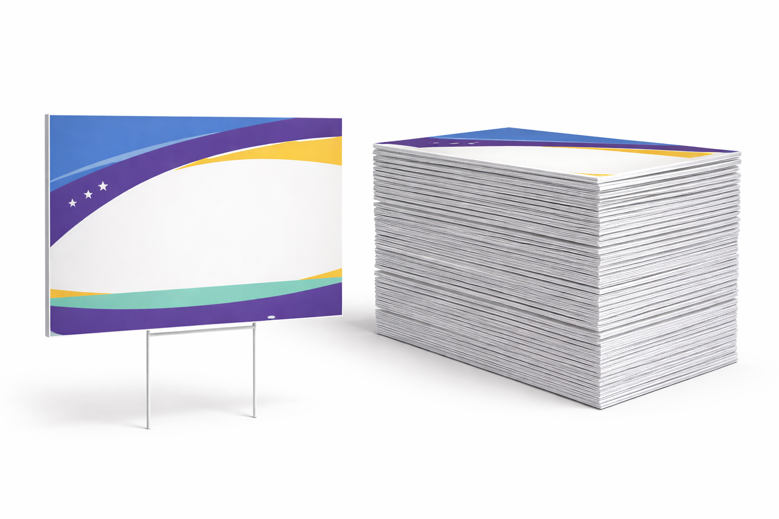 One custom yard sign on a wire stake next to a large stack of identical yard signs on a white background