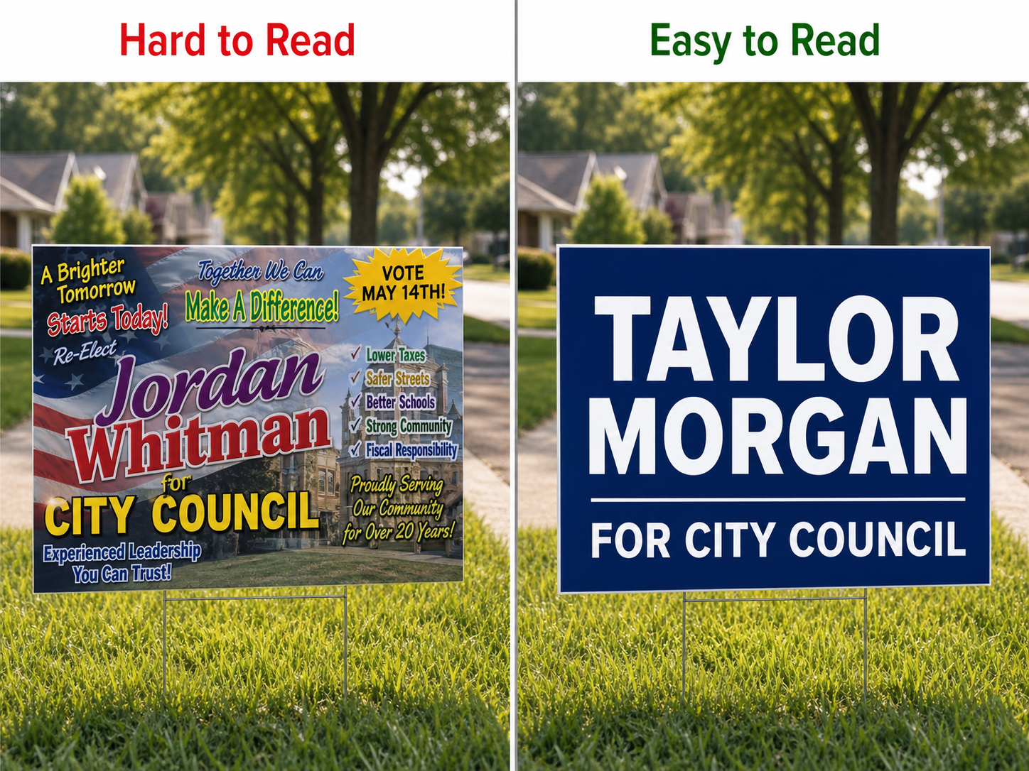Side-by-side comparison of a cluttered campaign yard sign versus a clean, easy-to-read design