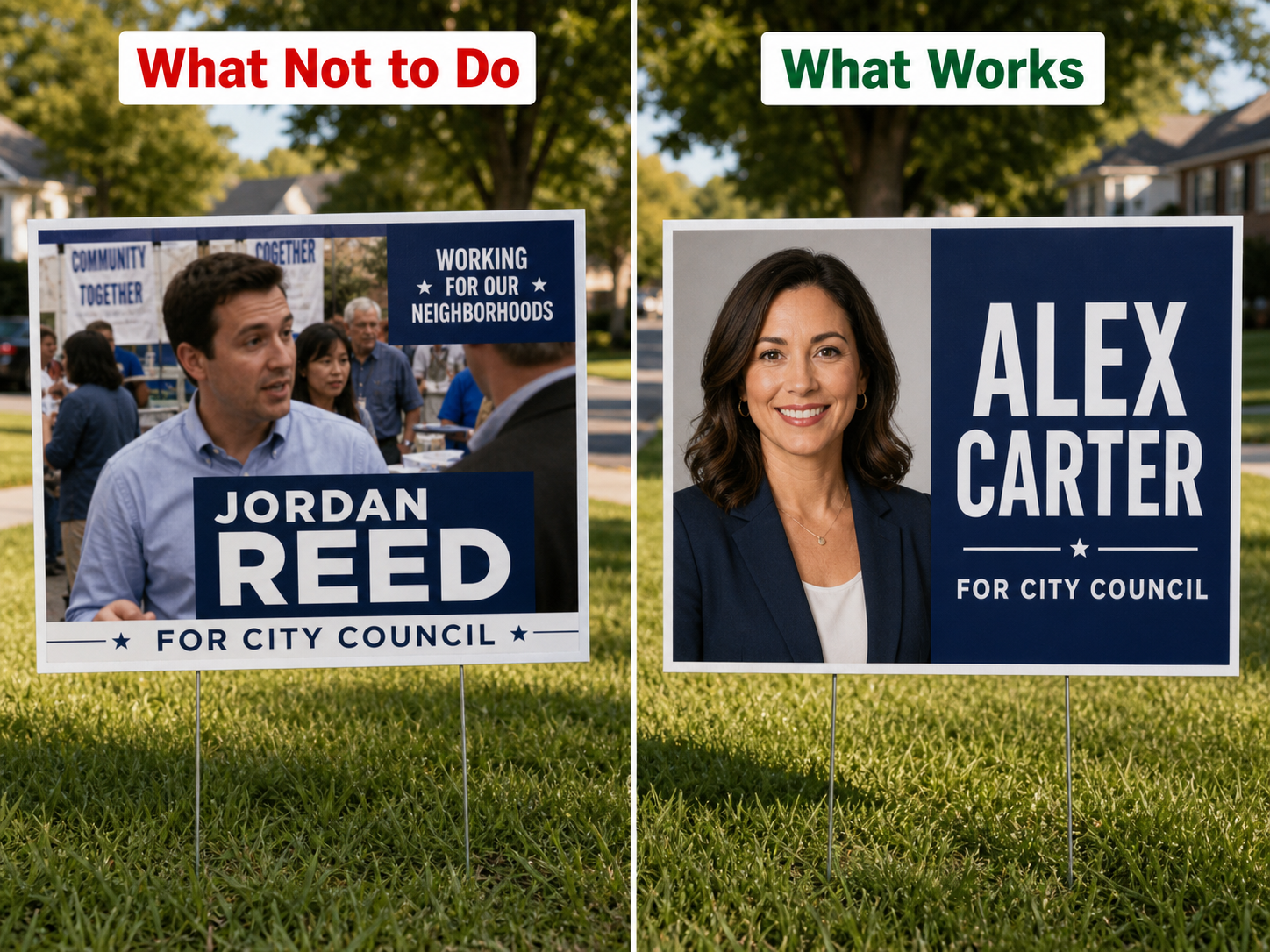 Example of a hard-to-read campaign sign with multiple fonts and colors next to a simple, easy-to-read design