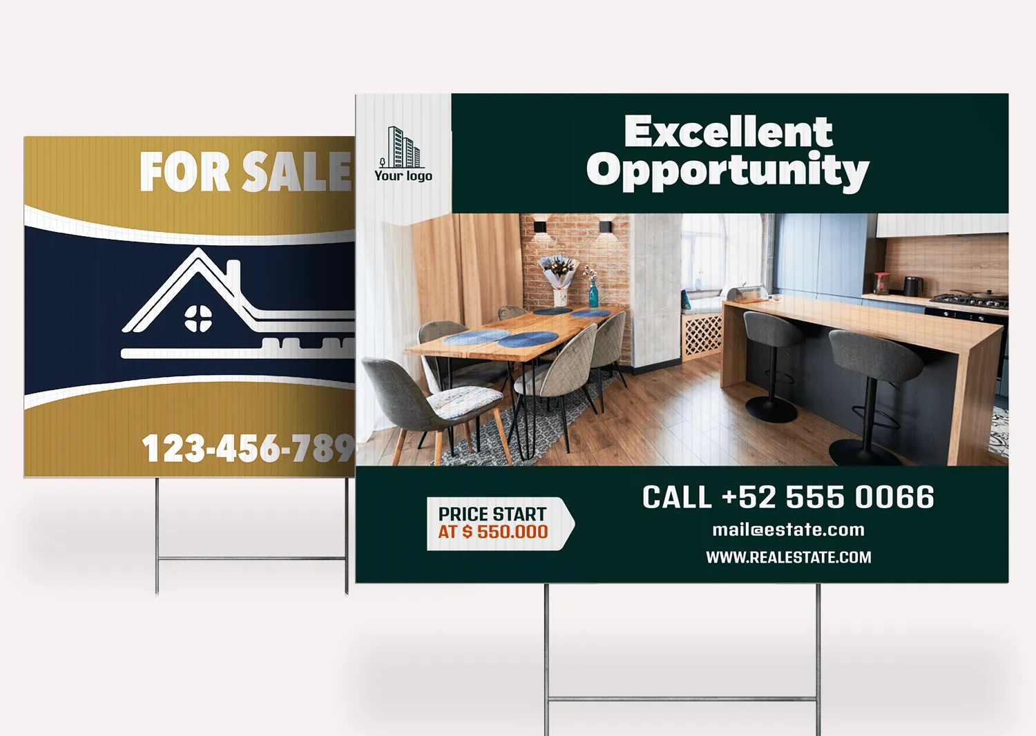 two examples of home for sale signs