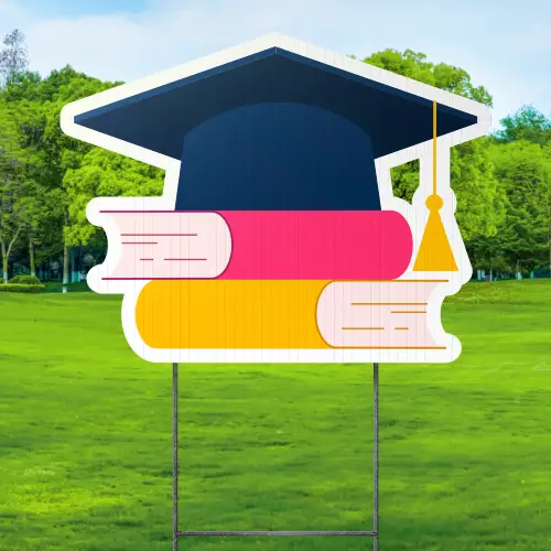 Custom Outdoor Yard Signs Multiple Sizes Graduation Hat and Books