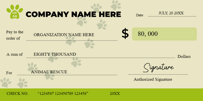 Custom Giant Check Multiple Sizes Animal Rescue Donation
