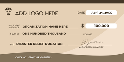 Custom Giant Check Multiple Sizes Disaster Relief Donation