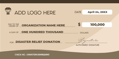Custom Giant Check Multiple Sizes Disaster Relief Donation